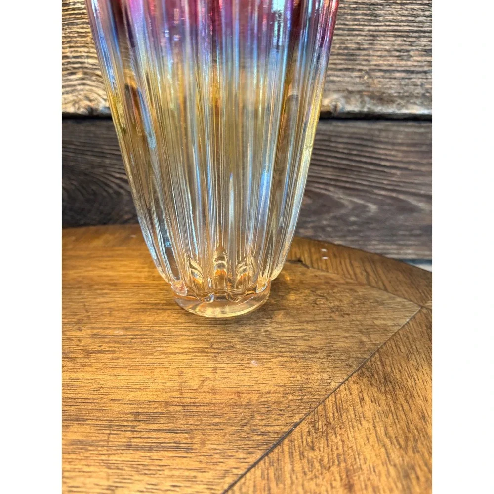 Federal glass Vintage Cranberry Amber Ombre Art Glass Vase‎ Ribbed Ruffle Rim
